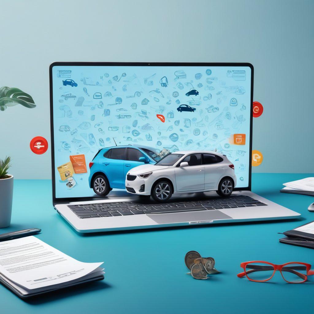 A collage of diverse individuals happily researching auto insurance options on laptops and tablets, with floating icons of cars, dollar signs, and policy documents in the background. Include a large, friendly magnifying glass emphasizing the search for deals. Bright and inviting color palette with a light blue and white background. super-realistic. vibrant colors.