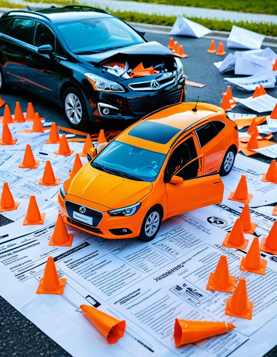 A split image illustrating collision and liability car insurance: one side showing a car accident scene with a damaged vehicle, surrounded by safety cones and insurance documents; the other side displaying a peaceful driving scenario with a happy family in a car, smiling and enjoying the journey, overlaid with insurance paperwork and policy icons. super-realistic. vibrant colors. 3D.