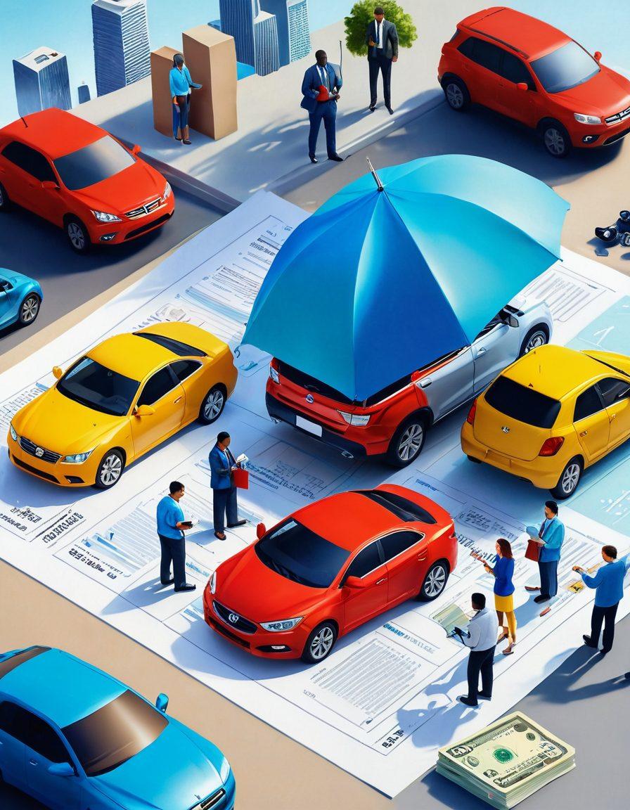An engaging illustration of a diverse group of people examining car insurance documents over a bright, animated cityscape with various cars parked around. Include symbolic elements like keys, shields, and money signs to represent protection and savings. The setting should be welcoming, with a clear blue sky and vibrant colors to evoke positivity and reassurance. super-realistic. vibrant colors. white background.